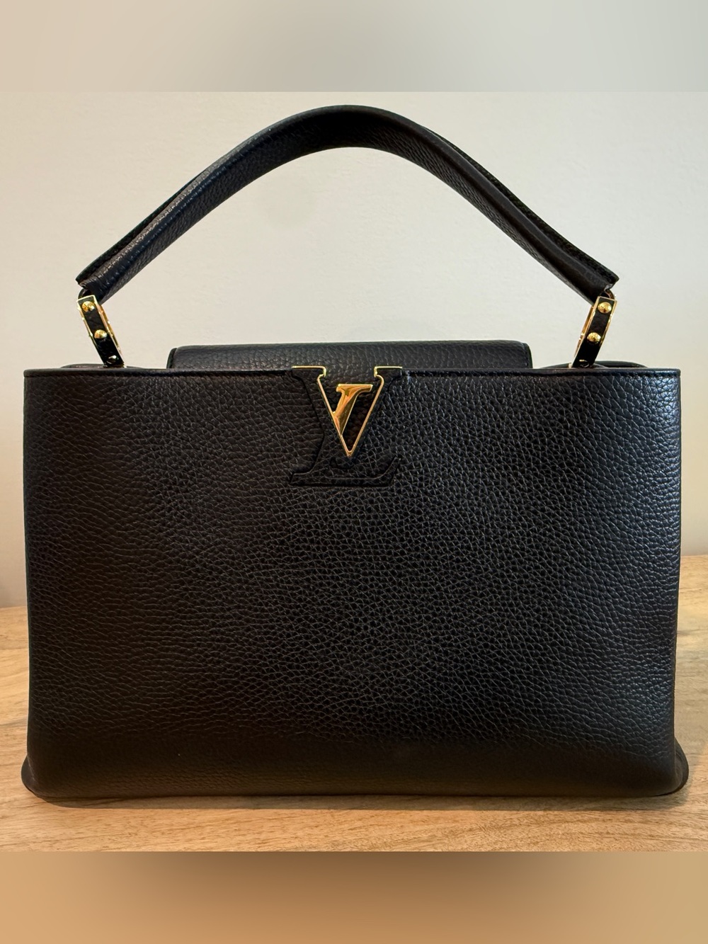 Louis Vuitton Capucines PM Top Handle Bag Black Gold Hardware Pink Lining